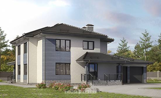 340-005-П Проект двухэтажного дома и гаражом, современный домик из арболита Нефтекумск | Проекты домов от House Expert