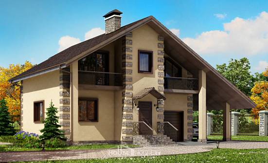 150-003-П Проект двухэтажного дома с мансардой и гаражом, уютный загородный дом из теплоблока Зеленокумск | Проекты домов от House Expert