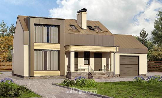 150-015-Л Проект двухэтажного дома с мансардой, гараж, красивый коттедж из твинблока Минеральные Воды | Проекты домов от House Expert