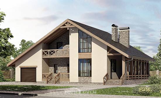 265-001-Л Проект двухэтажного дома с мансардой, гараж, современный коттедж из пеноблока, Минеральные Воды